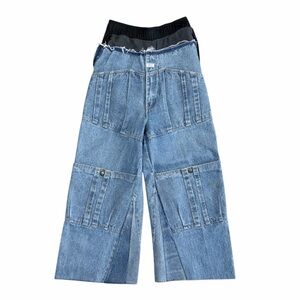 Reworked into Wide Leg Patchwork Denim Jeans in Light Blue